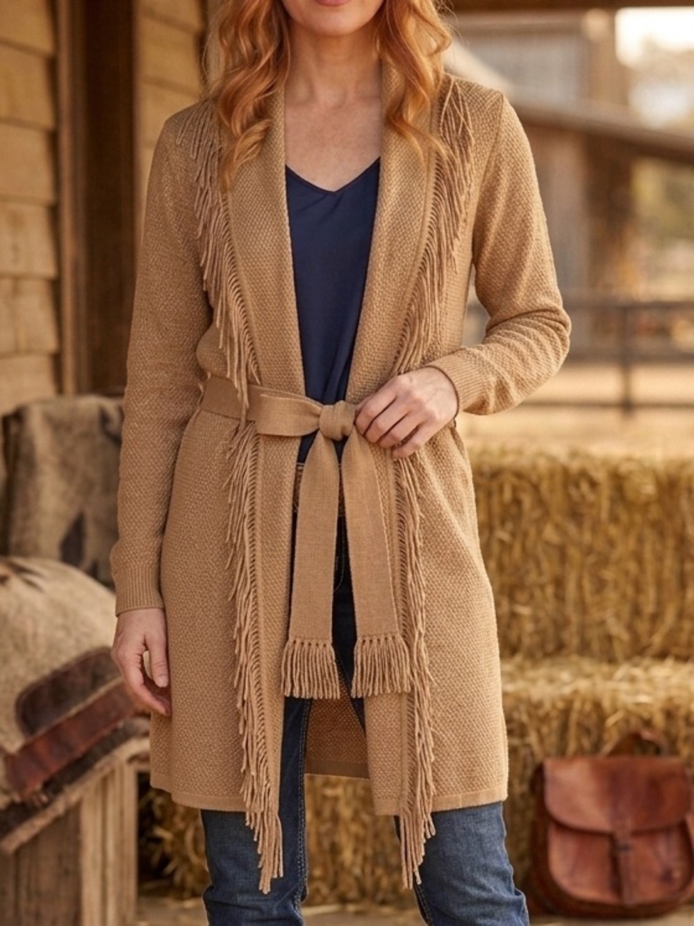 J. Jill Belted Fringe Knit Cardigan Wrap Sweater Tan Camel Boho Western Mid-Leng